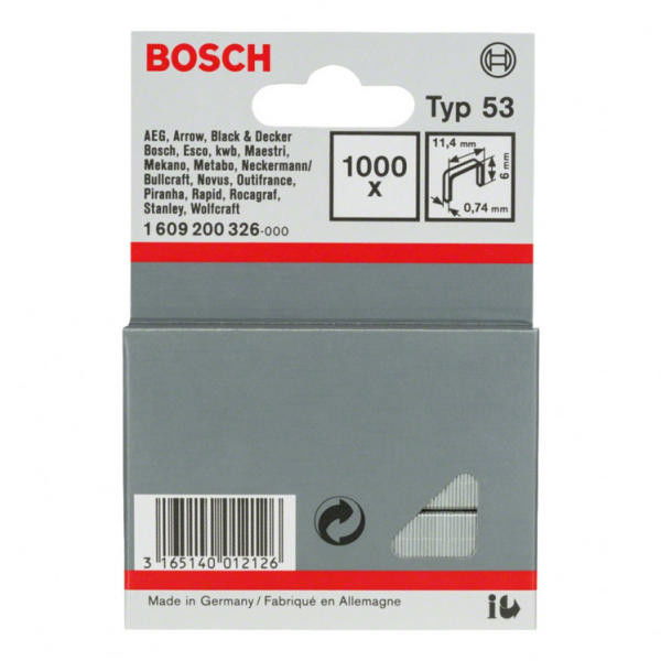 Bosch 1609200326 53-as típusú keskeny laposhuzal tűzőkapocs 6mm 1000db termék fő termékképe