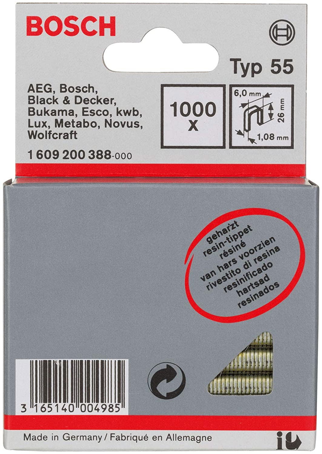 Bosch 1609200388 55-ös típus keskeny tűzőkapocs 26mm 1000db termék fő termékképe