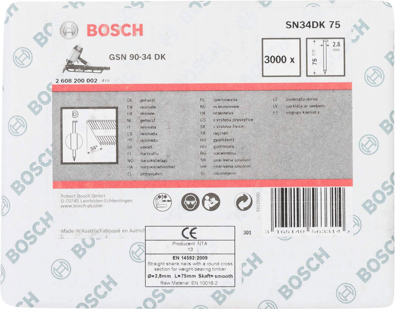 Bosch 2608200002 D fejű szalaszegek SN34DK 75 típus 75mm 3000db termék fő termékképe