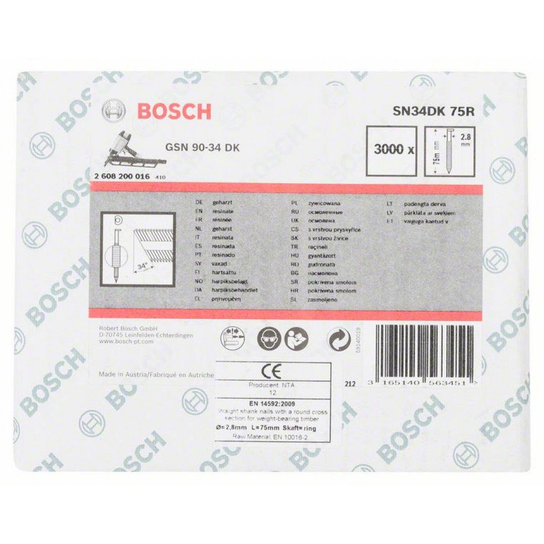 Bosch 2608200016 D fejű szalaszegek SN34DK 75R típus 75mm 3000db termék fő termékképe