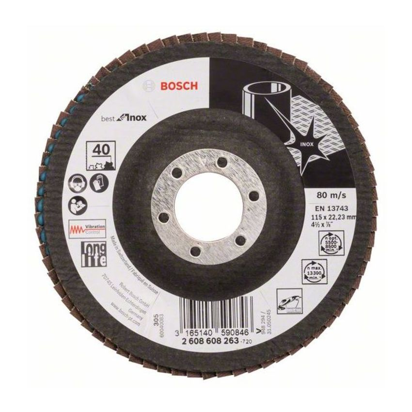 Bosch 2608608263 X581 Best for Inox legyezőtárcsa rozsdamentes acélhoz 115mm P40 hajlított termék fő termékképe