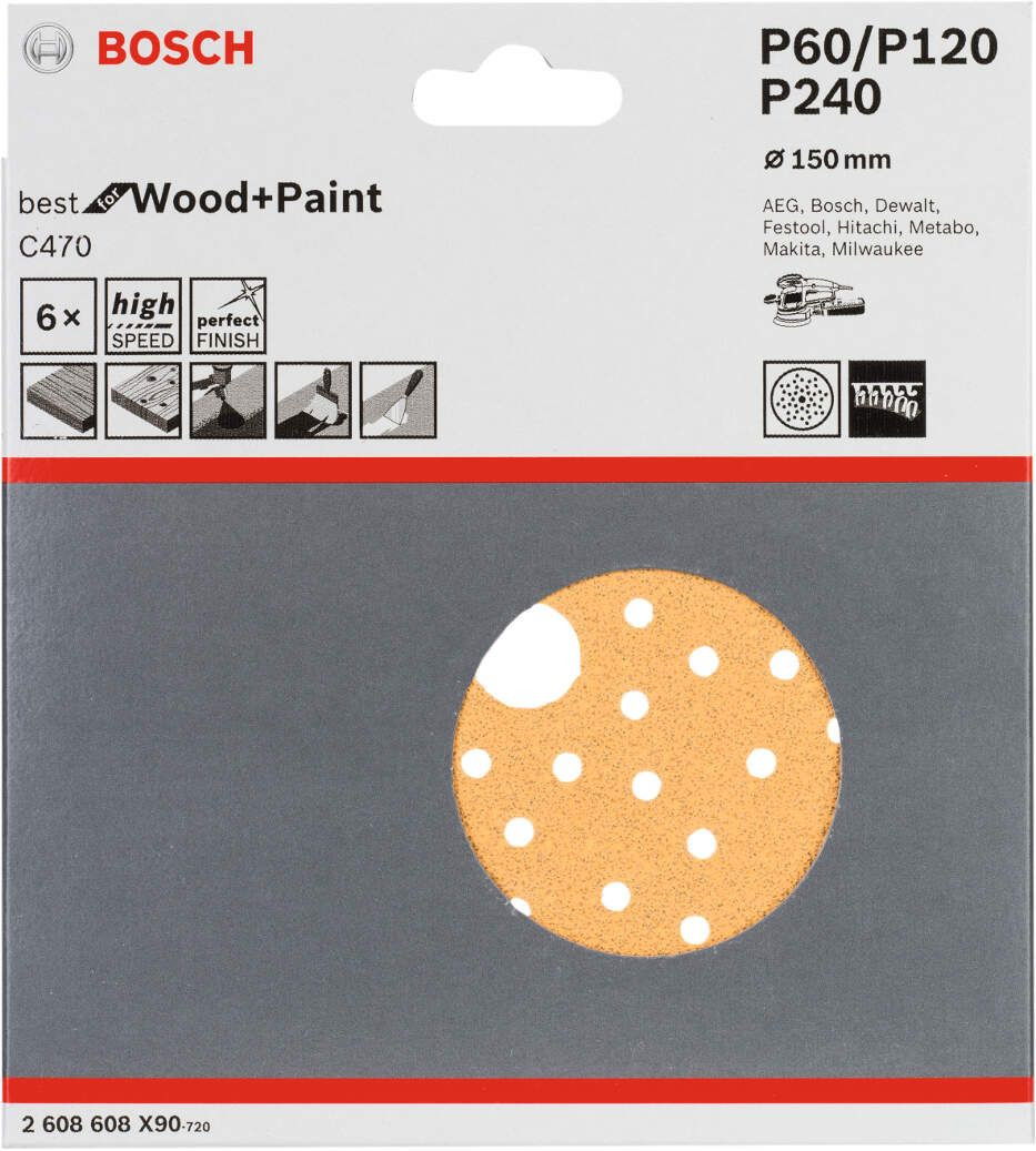 Bosch 2608608X90 C470 Best for Wood and Paint csiszolópapír 150mm P60/120/240 6db-os kiszerelés termék fő termékképe