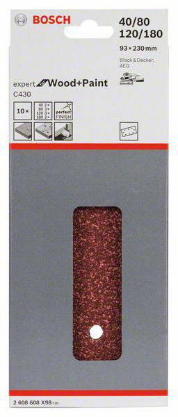 Bosch 2608608X98 C430 Expert for Wood and Paint  93x230mm P40/80/120/180 10db-os csomag termék fő termékképe
