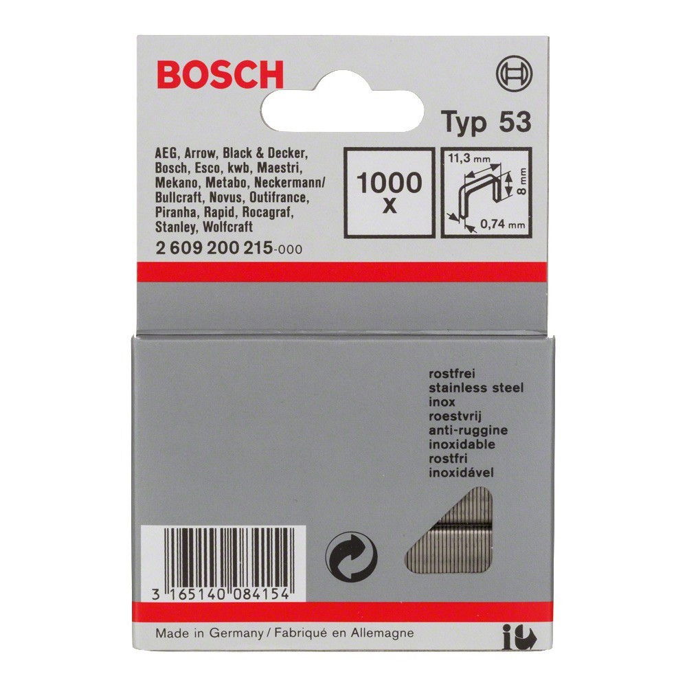 Bosch 2609200215 53-as típusú keskeny laposhuzal tűzőkapocs rozsdamentes 8mm 1000db termék fő termékképe