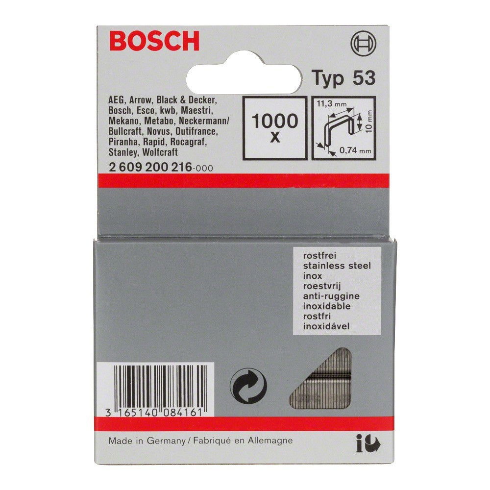 Bosch 2609200216 53-as típusú keskeny laposhuzal tűzőkapocs rozsdamentes 10mm 1000db termék fő termékképe
