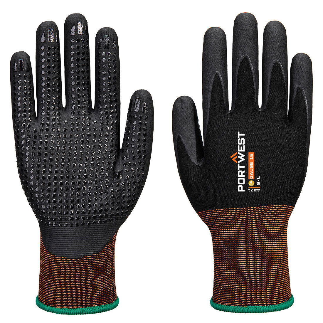 Portwest A371 - GP Grip 15 nitril mikrohabos pontozott kesztyű, fekete termék fő termékképe
